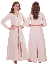 FAYE Cotton Natur - Medieval Viking Women’s Front and Back Slitted Dress with Hand-Stitched Seams